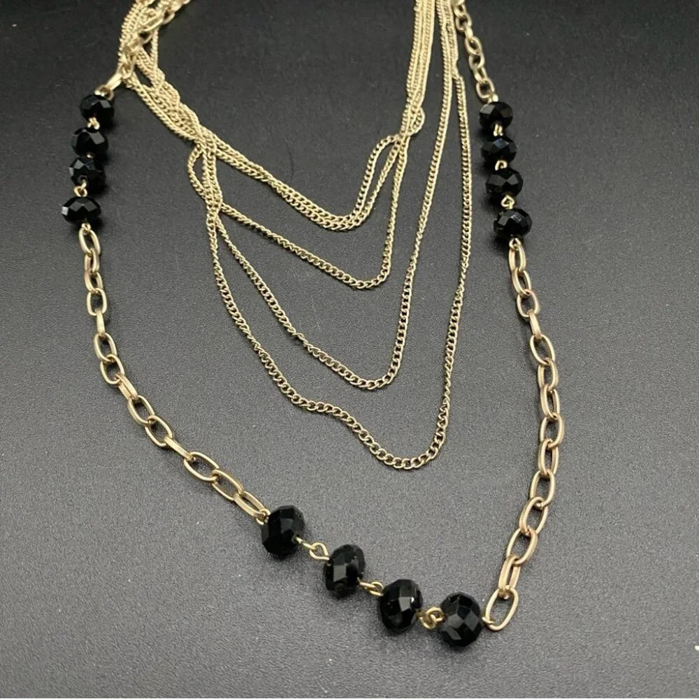 Elegant Antique Gold Jet Black Glass Beaded 6-strand Layering Necklace 16”